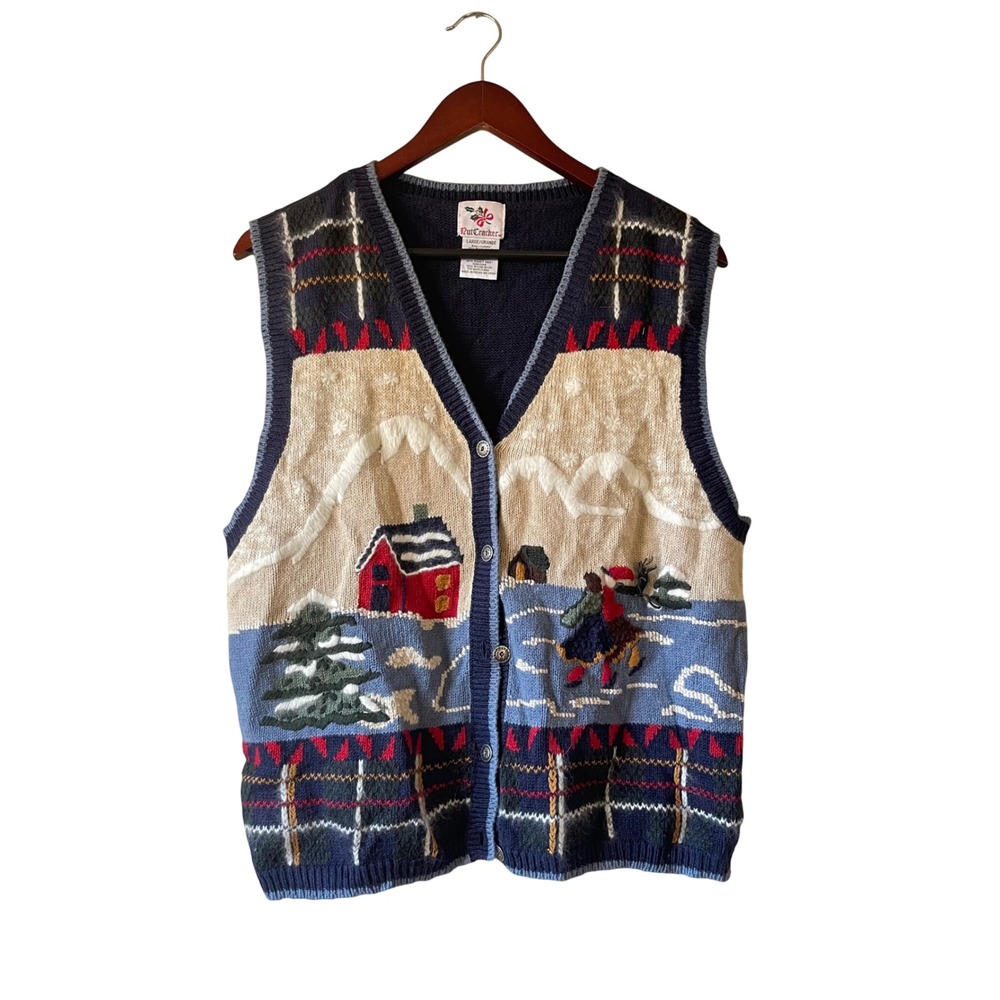 Vintage Nutcracker Large Cozy Winter Scene Knit Vest Button‎ Front Fair Isle